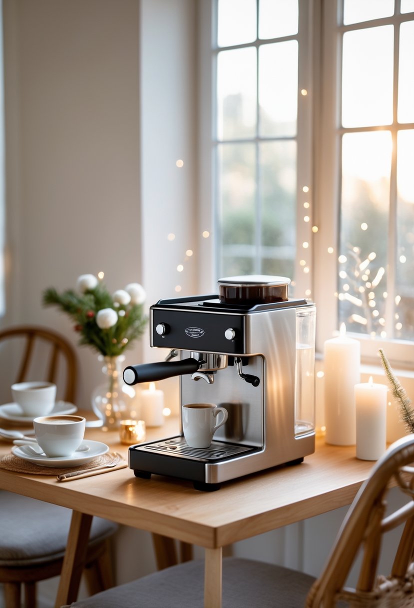 v2 15zqtz fqo66 A cozy breakfast nook with a compact espresso machine on a wooden countertop next to a table set for breakfast with festive decorations and natural light coming through a window.