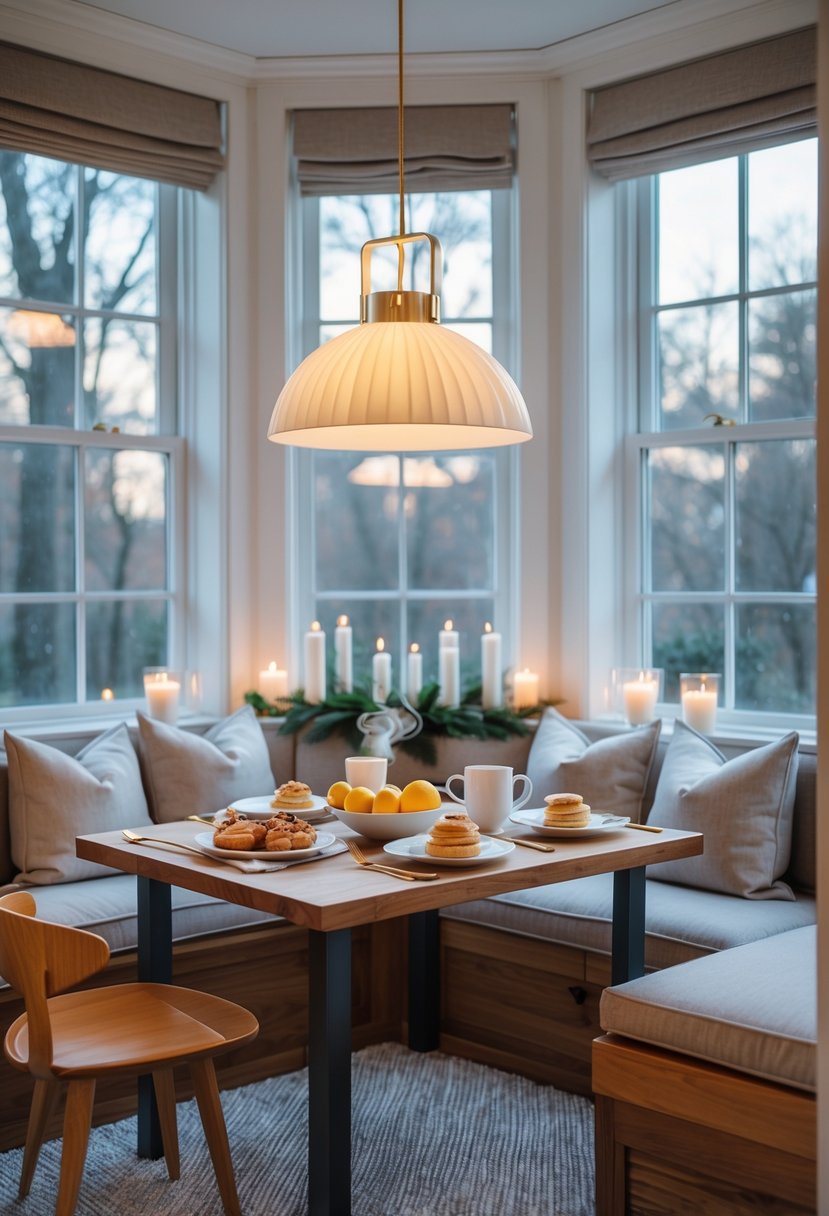 v2 15zqud 8e5o4 A breakfast nook with a wooden table set for breakfast and a pendant light hanging above it.