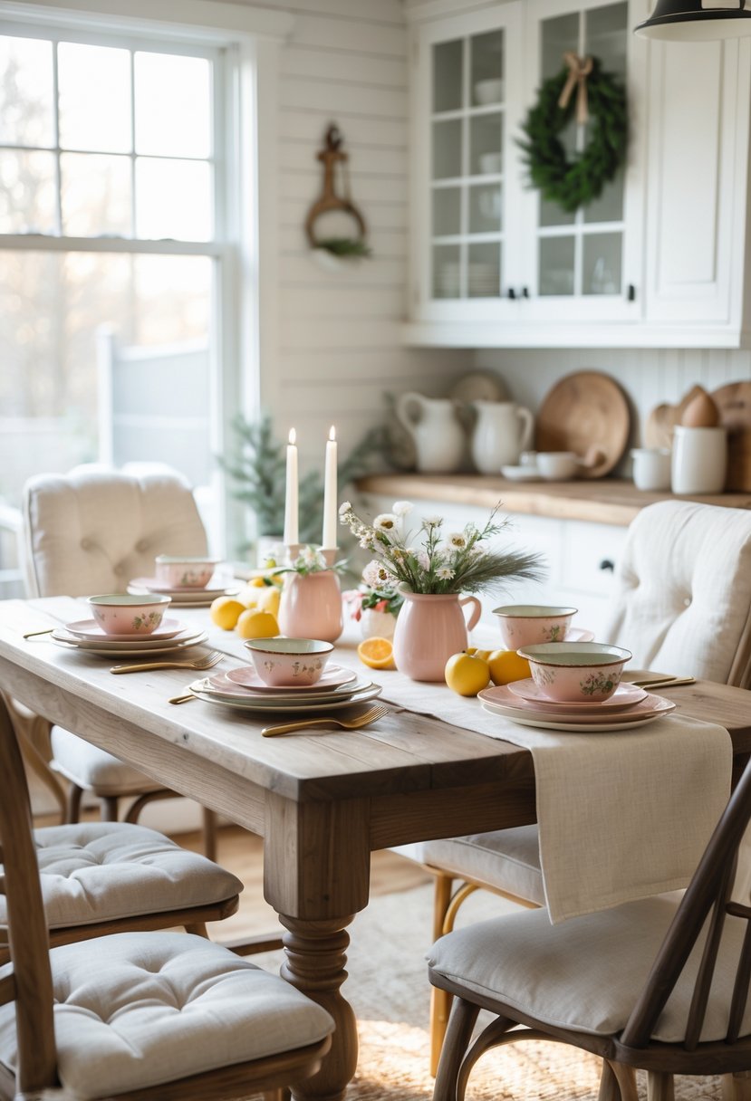 v2 15zquq hygyg A breakfast nook with a wooden table set with enamelware dishes, fresh fruit, and a small flower vase near a window.