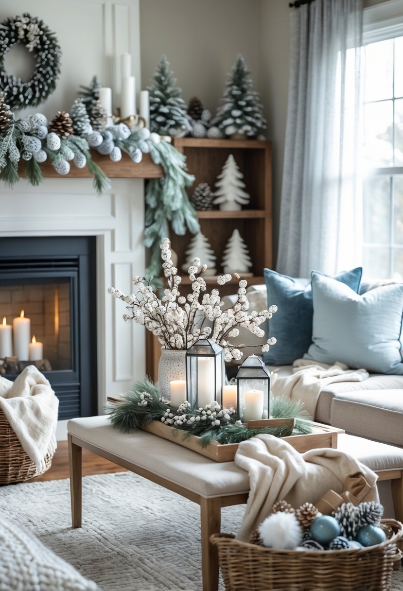 A living room decorated with winter-themed items including pine cones, candles, throw blankets, and decorative ornaments around a fireplace and coffee table.