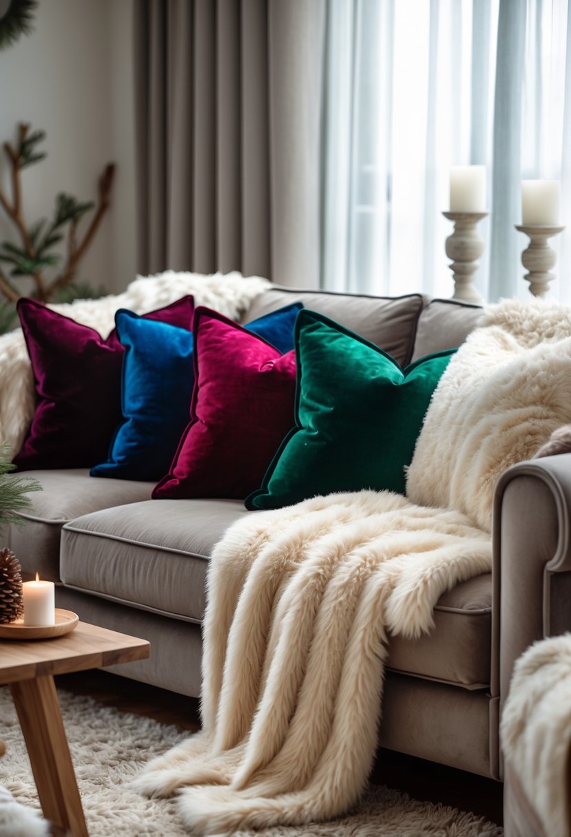 Living room with a sofa layered with velvet throw pillows and faux fur blankets, creating a warm and cozy atmosphere.