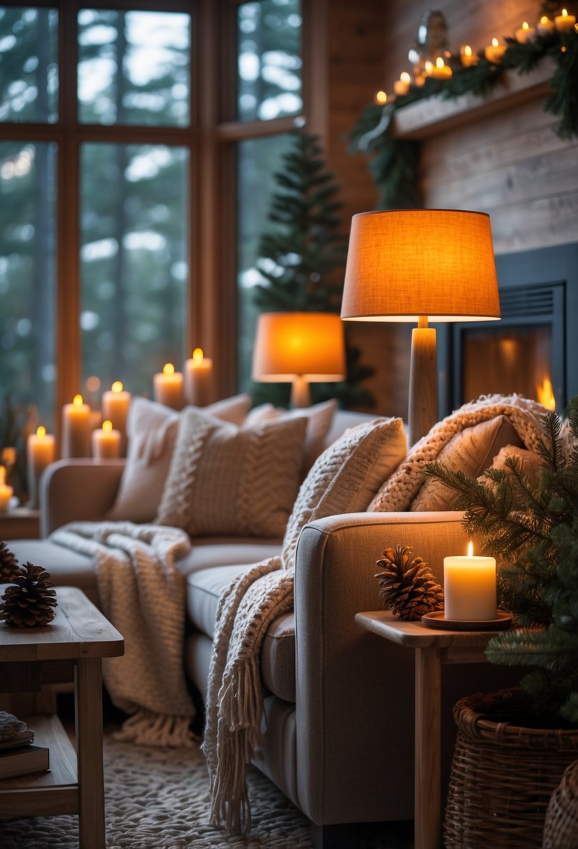 A living room decorated for winter with warm amber lighting from table lamps and candles, cozy seating, natural decor, and a lit fireplace.