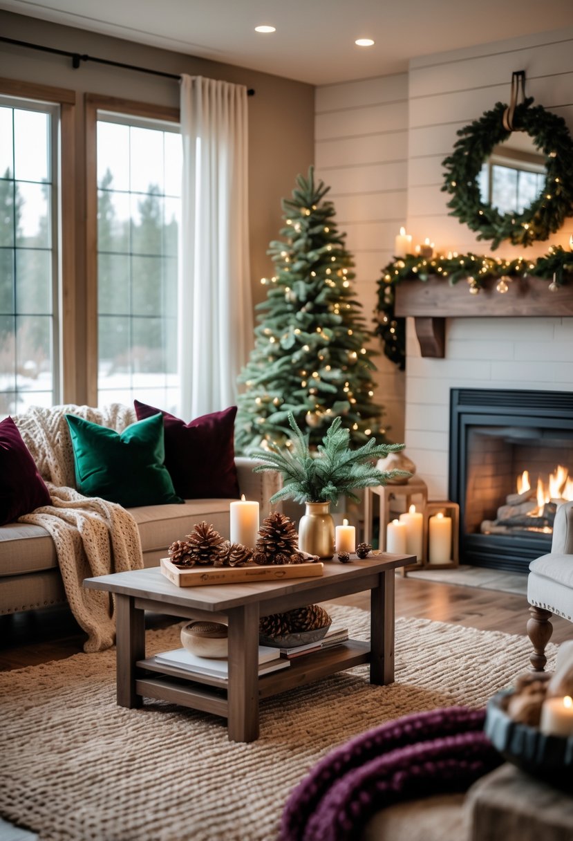A living room decorated for winter with a sofa, throw pillows, a coffee table with seasonal decor, and a fireplace with garlands and lights.