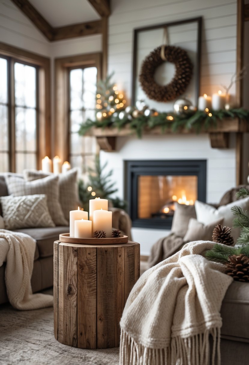 A cozy living room with rustic wooden side tables and picture frames, decorated for winter with blankets, cushions, and a fireplace.