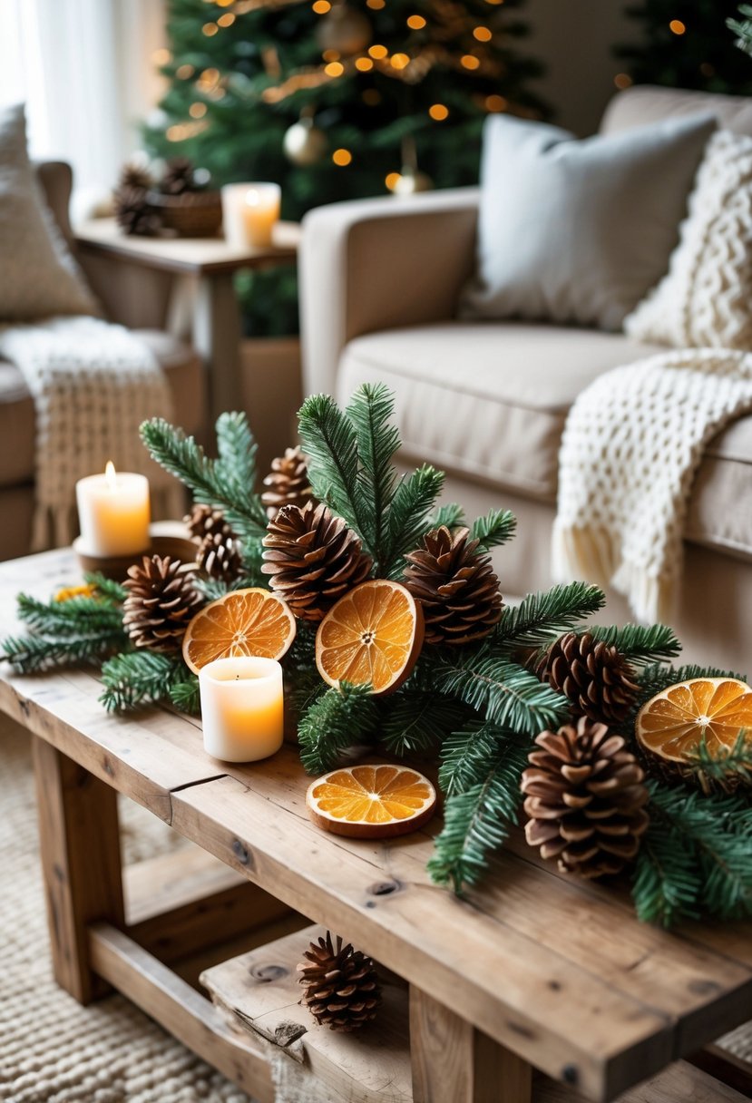 A living room with a coffee table decorated with pinecones, evergreen branches, and dried orange slices, creating a warm winter atmosphere.