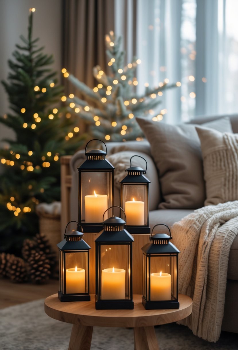 Living room with decorative lanterns containing LED candles glowing softly on a side table surrounded by winter decor.