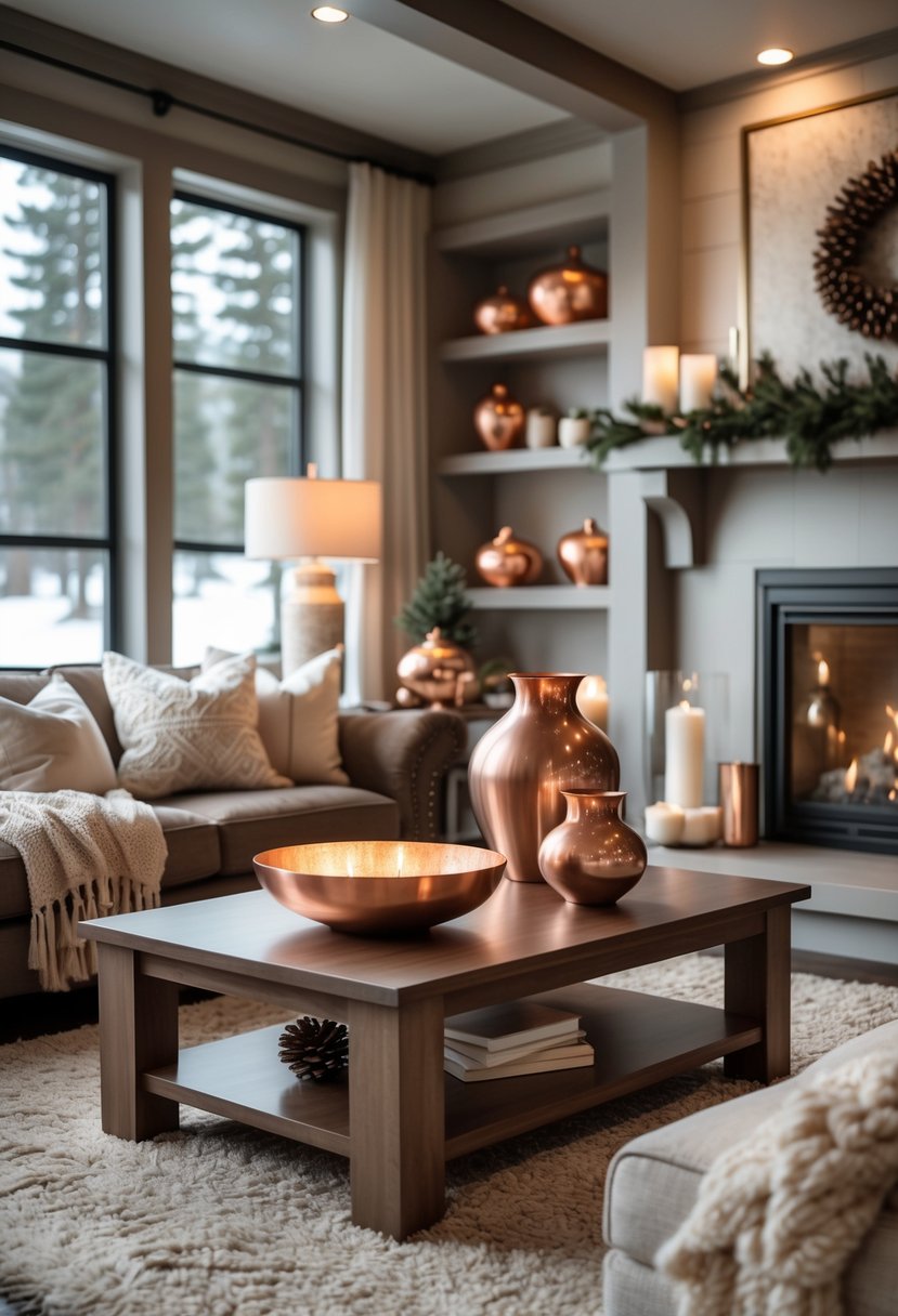 A living room with bronze and copper decorative bowls and vases on a coffee table and shelves, with a fireplace and snowy view outside the windows.