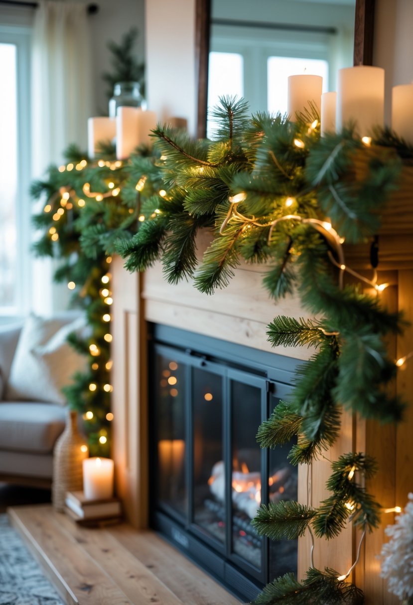 A living room fireplace mantel decorated with green pine garlands and glowing string lights.