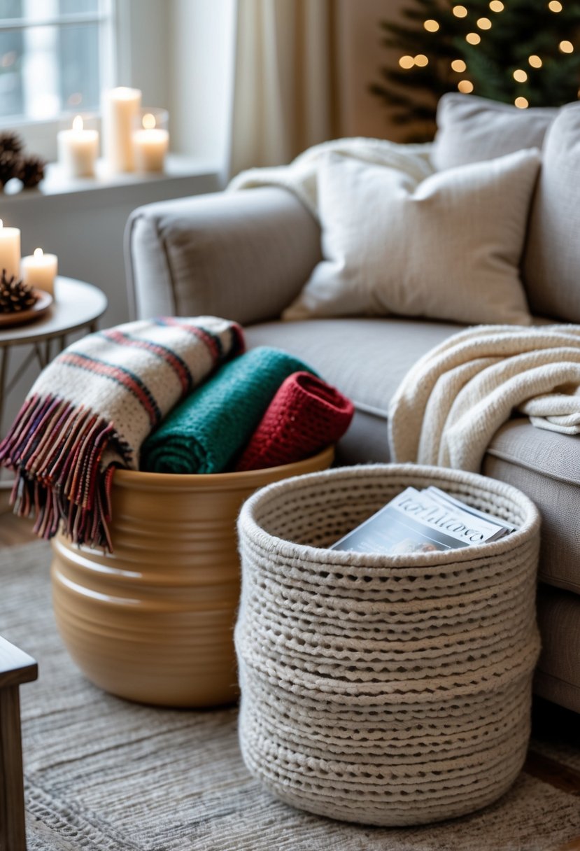 Living room corner with ceramic and wool baskets holding blankets and magazines next to a sofa and coffee table.