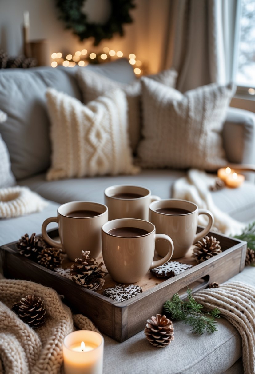 A cozy living room corner with a wooden tray holding ceramic mugs for hot cocoa and tea, surrounded by winter decorations.