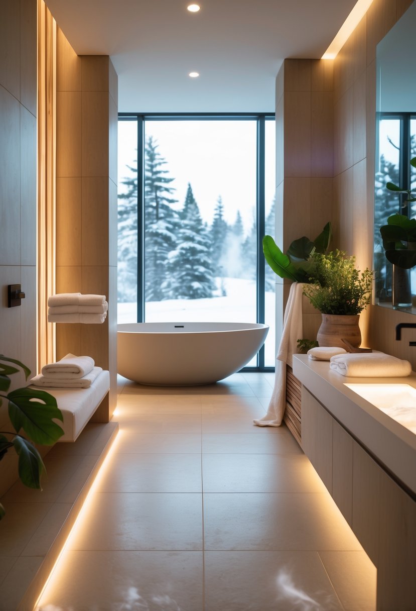 v2 161ecb e2bvl A modern bathroom with a freestanding bathtub, wooden accents, green plants, and warm lighting, suggesting a cozy winter atmosphere with heated floors.