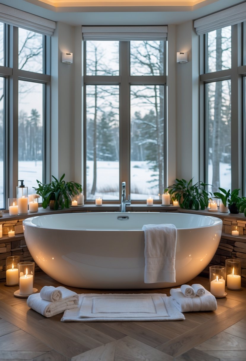 v2 161ecu A spacious bathroom with a freestanding soaking tub surrounded by towels, candles, and plants, with snowy trees visible through large windows.