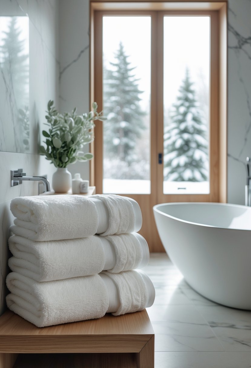 v2 161ed9 vrqm9 A bathroom with white towels neatly stacked on a wooden shelf next to a freestanding bathtub and a window showing a snowy outdoor scene.