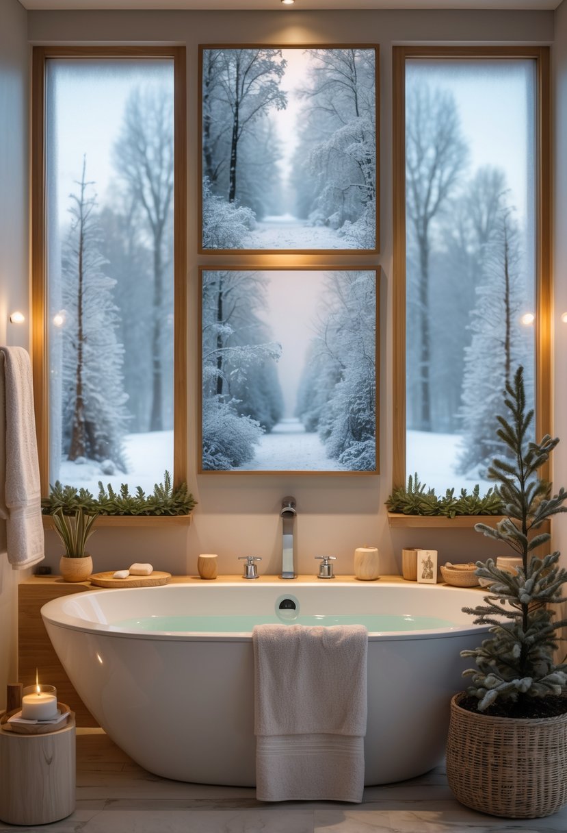 v2 161edl A bathroom with a bathtub and nature-inspired artwork above it, decorated with plants and soft lighting.