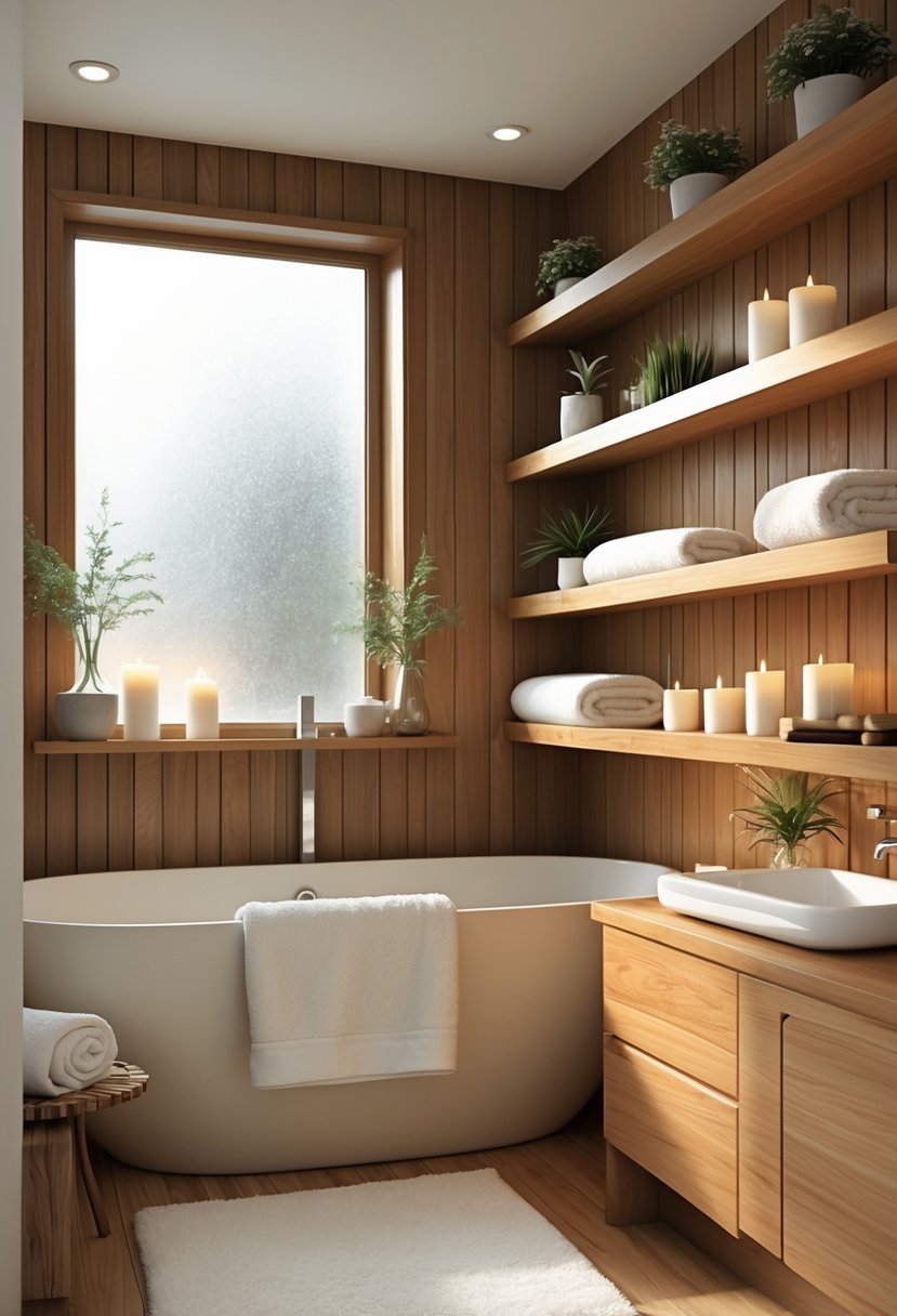 v2 161eeh cinas A bathroom with a freestanding bathtub, wooden cabinetry and shelves filled with spa items, softly lit by natural light.