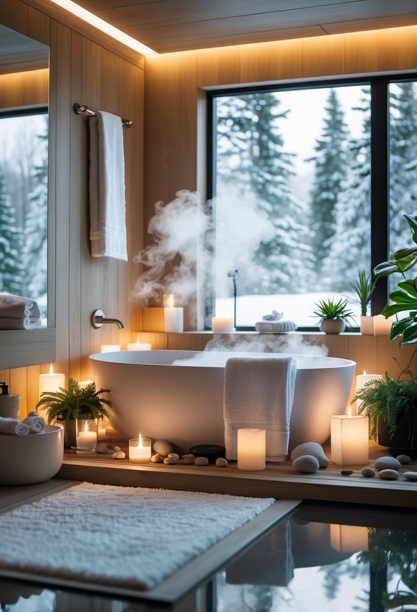 v2 161eet s29t2 A modern bathroom with a freestanding bathtub, soft warm lighting, wooden accents, plants, and frosted windows showing snow outside.