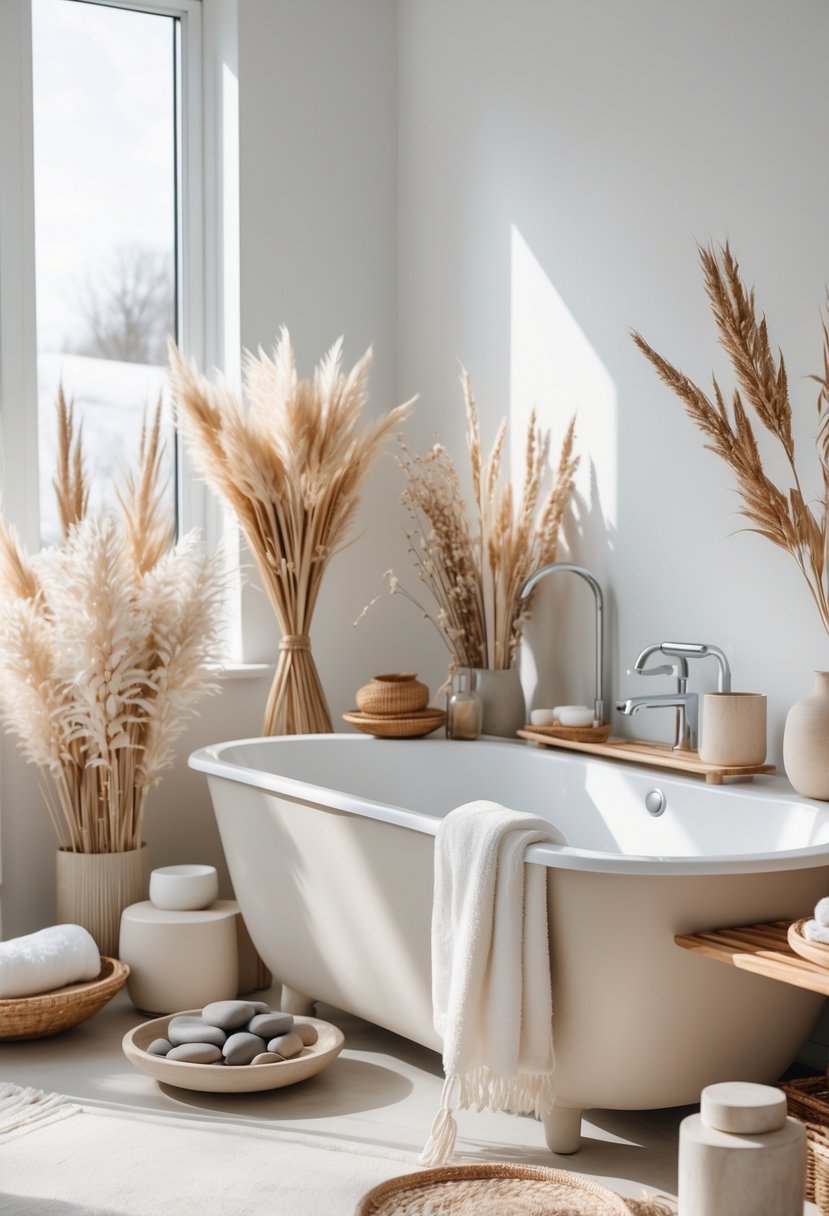 v2 161ef7 ku6la A bright bathroom with a bathtub decorated with dried flowers and natural elements like wooden trays and stones.
