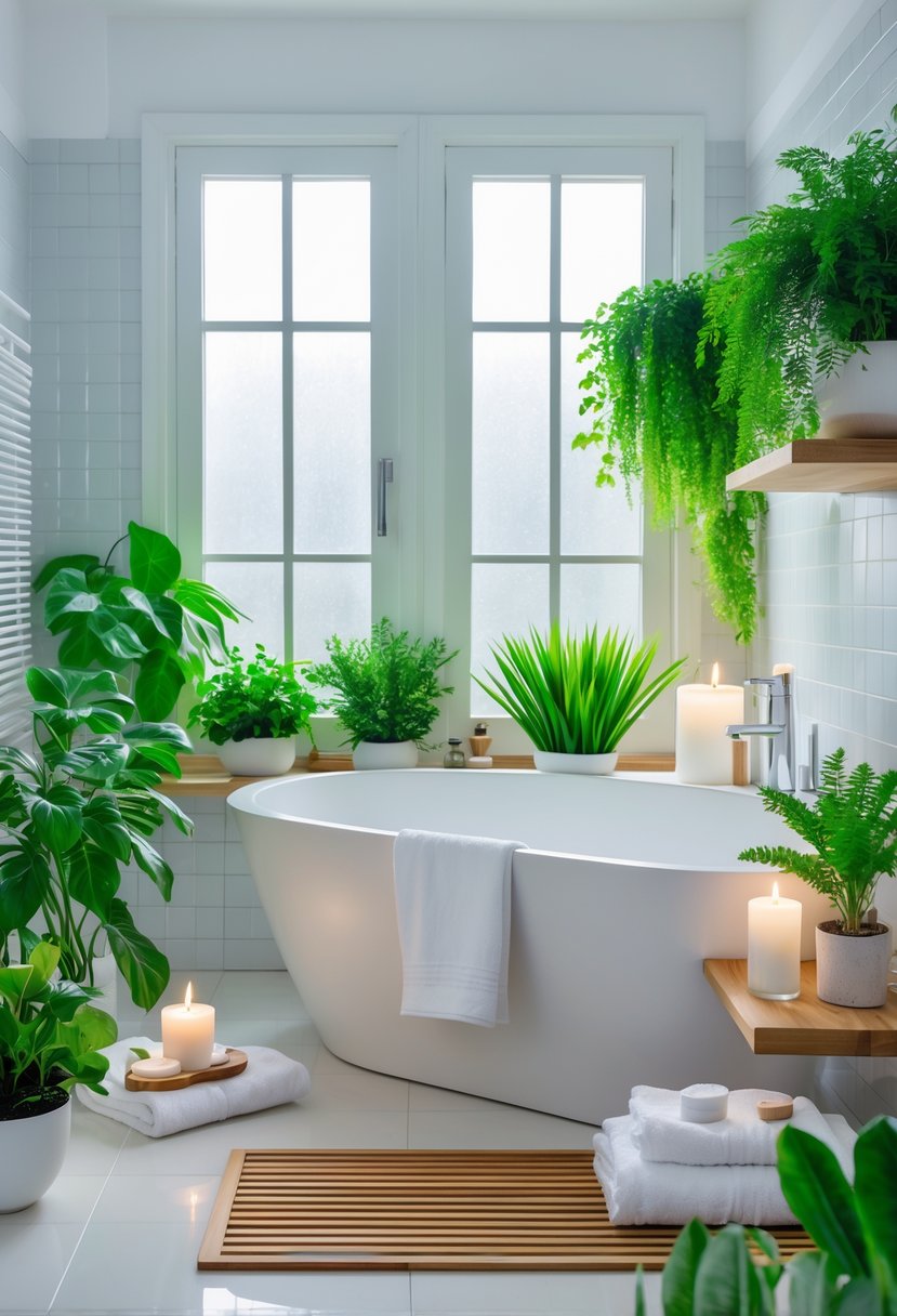 v2 161efs 0439d A bright bathroom with a freestanding bathtub surrounded by green plants, wooden accents, and natural light.