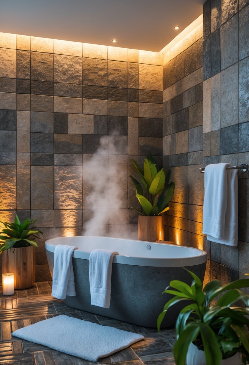 v2 161eg6 vblp2 A cozy bathroom with a freestanding bathtub, earthy textured tiles, wooden accents, and green plants.