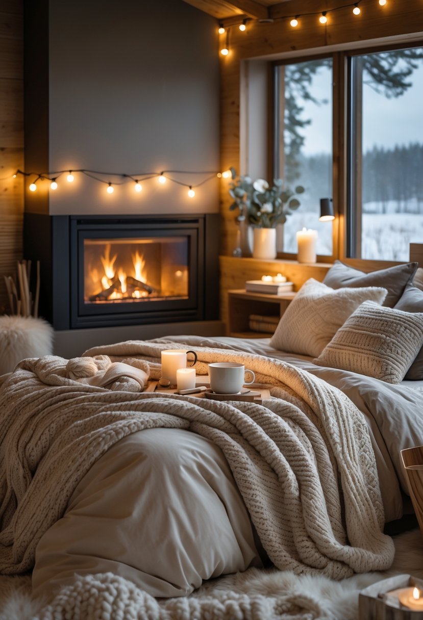 A cozy bedroom with a large bed covered in thick blankets and pillows, a glowing fireplace, soft lighting, a fluffy rug, and a window showing snow outside.