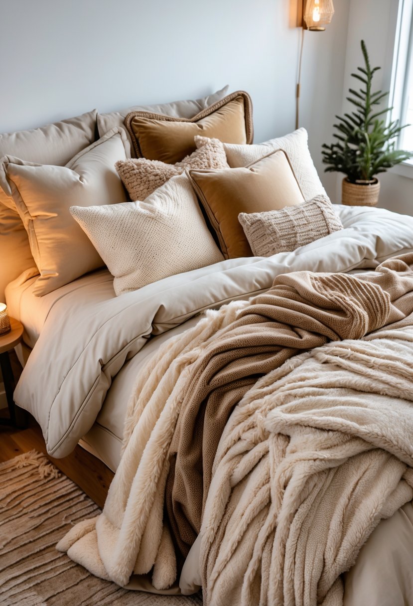A bed with layered blankets and multiple pillows arranged in a cozy bedroom setting.