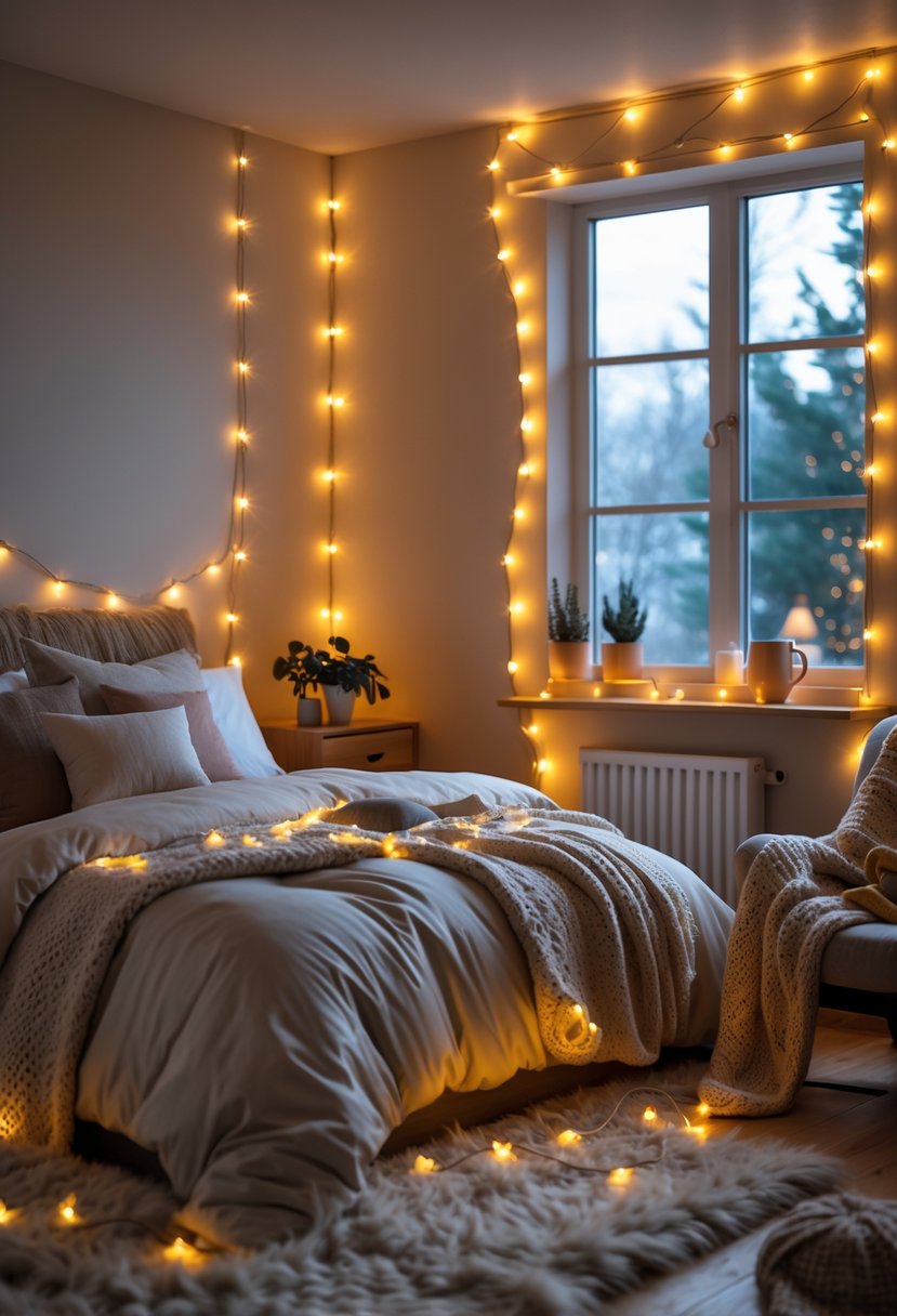 A cozy bedroom softly lit by warm string lights with a made bed, pillows, a nightstand with a plant and mug, and a chair with a blanket near the window.