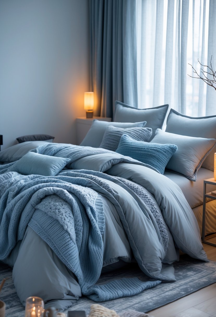 A cozy bedroom with a bed made up with layered blankets and pillows in soft blue and gray tones, illuminated by natural light through sheer curtains.