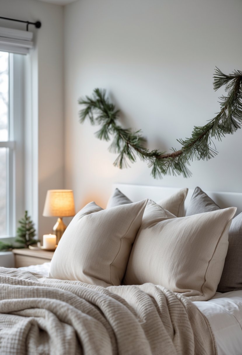 A cozy bedroom with a neatly made bed and a pine twig garland draped above the headboard.