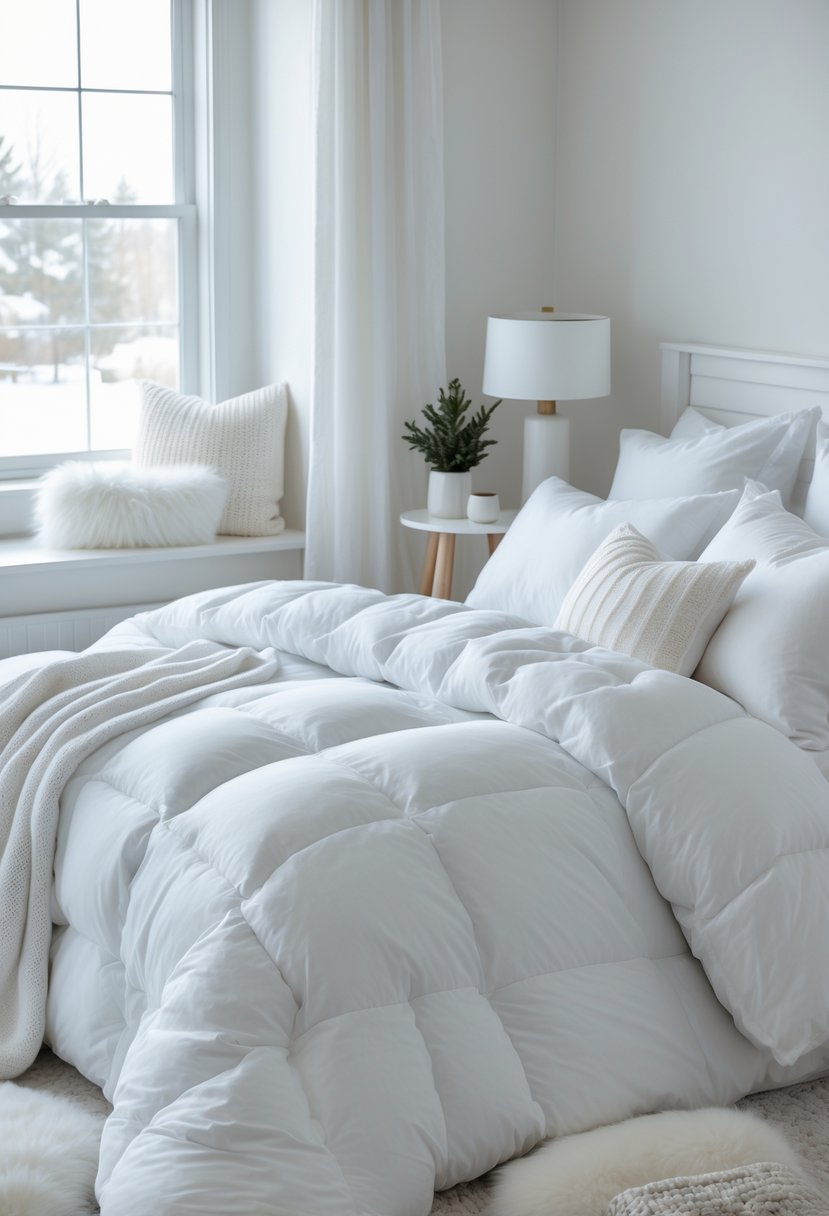 A bedroom with a bed made of all-white bedding, soft pillows, and a cozy white duvet, illuminated by natural light from a window.