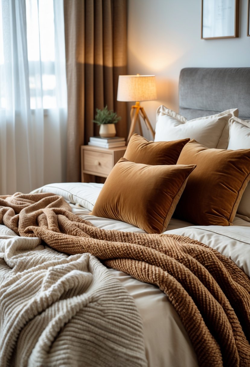 A cozy bedroom with a bed featuring velvet cushions, warm blankets, and soft natural lighting.