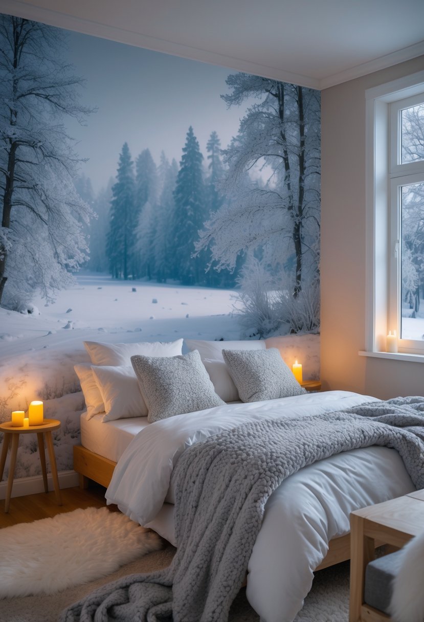A cozy bedroom with a large winter-themed mural wall, a comfortable bed with blankets and pillows, wooden furniture, and a window showing snow outside.