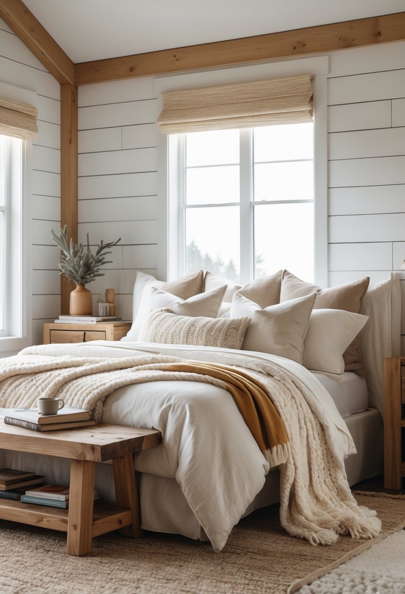 A bedroom with a bed, wooden furniture, and soft blankets in natural light.