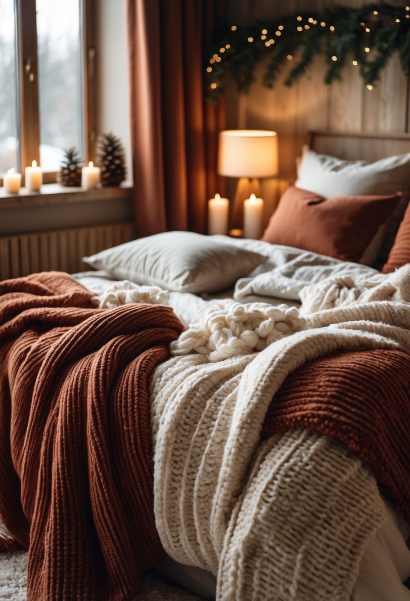 A cozy bedroom with a bed covered in thick knitted blankets and pillows in warm winter colors, softly lit by natural light from a window.