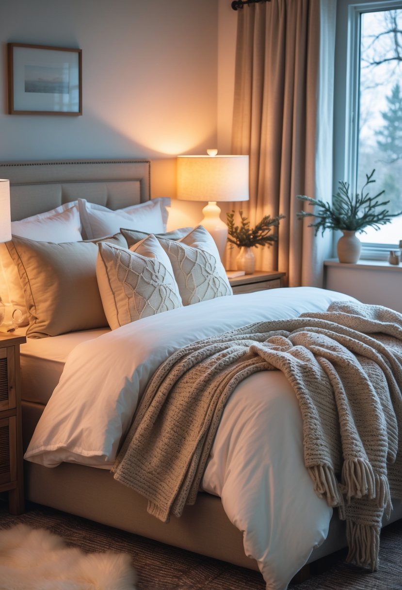 A bedroom with a made bed and bedside lamps emitting warm light on wooden nightstands.