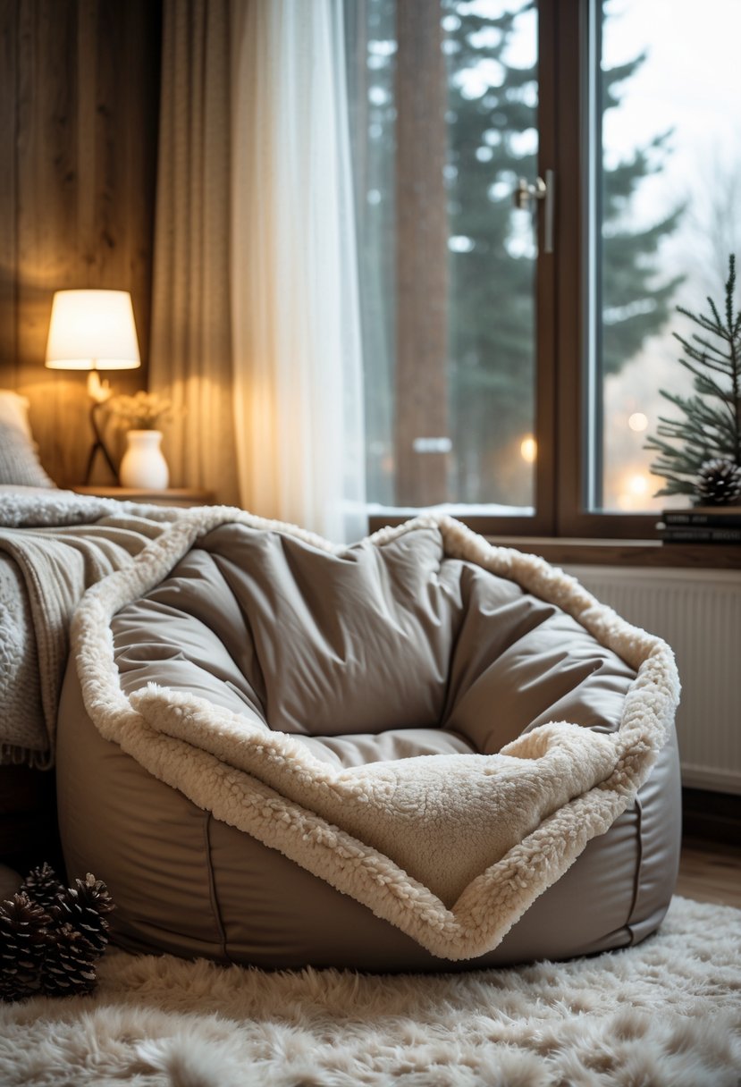 A cozy winter bedroom with a sherpa-lined bean bag chair near a window, warm blankets, and soft lighting.