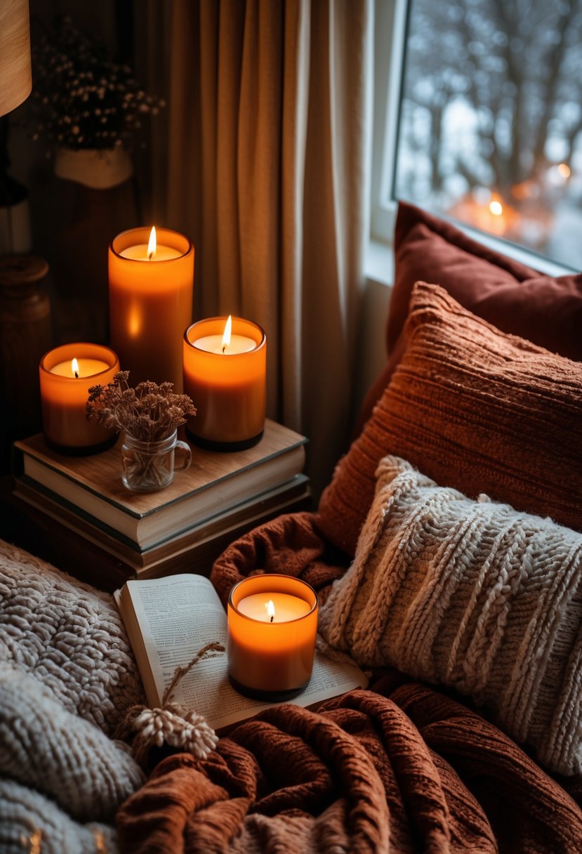 A cozy bedroom with warm glowing candles on a bedside table, plush blankets, and soft pillows.