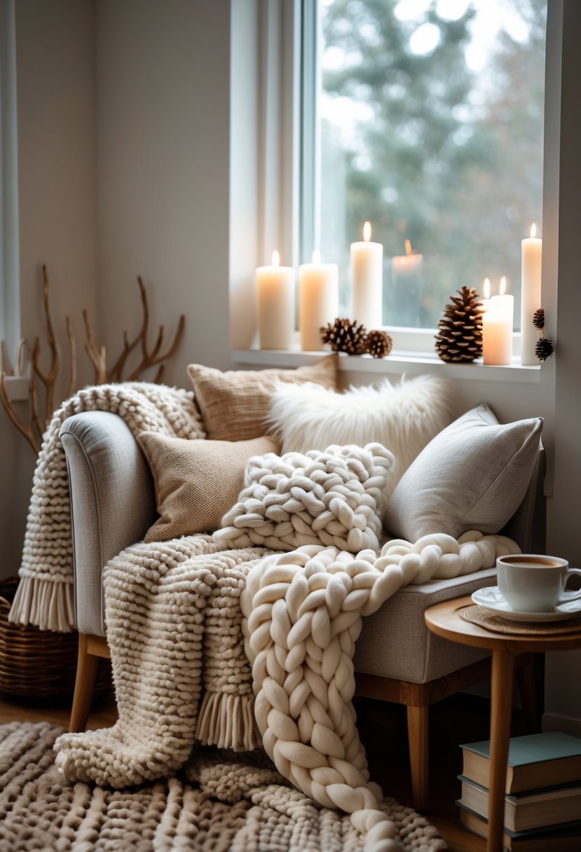 A cozy reading nook with a chair layered with blankets and cushions, a small side table with a cup and books, in a softly lit bedroom.