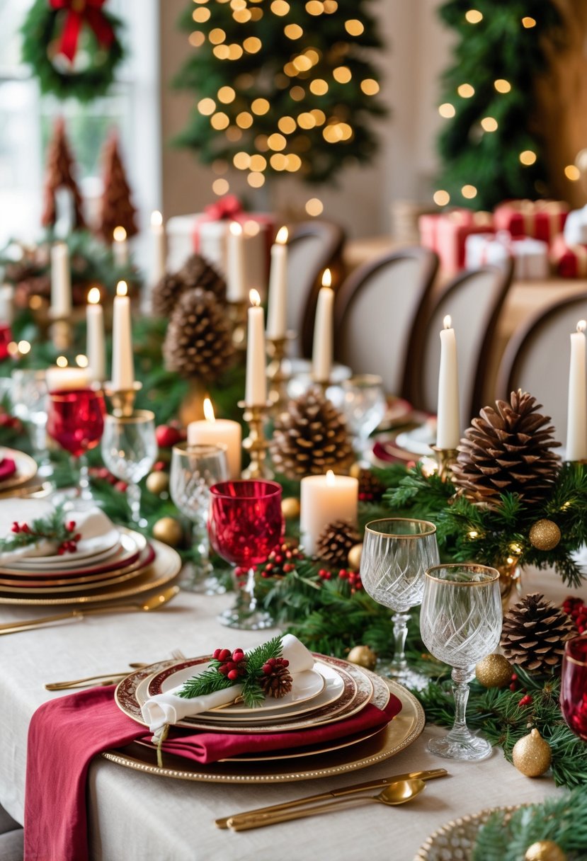 v2 161sf0 eilyq A festive holiday dining table set with candles, pine cones, greenery, fine dishes, and decorative centerpieces.