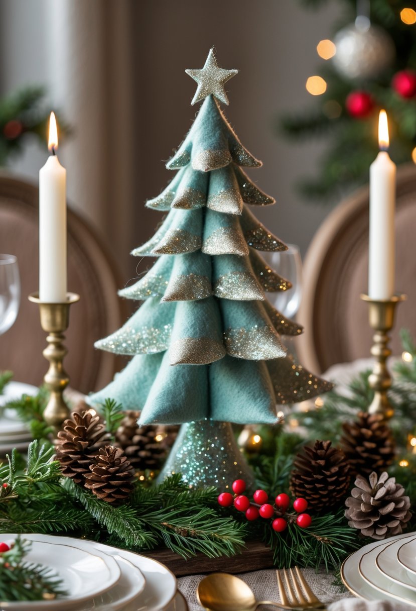 v2 161sg4 pf9nt A felt Christmas tree centerpiece with glitter on a holiday table decorated with candles, pine cones, berries, and evergreen branches.