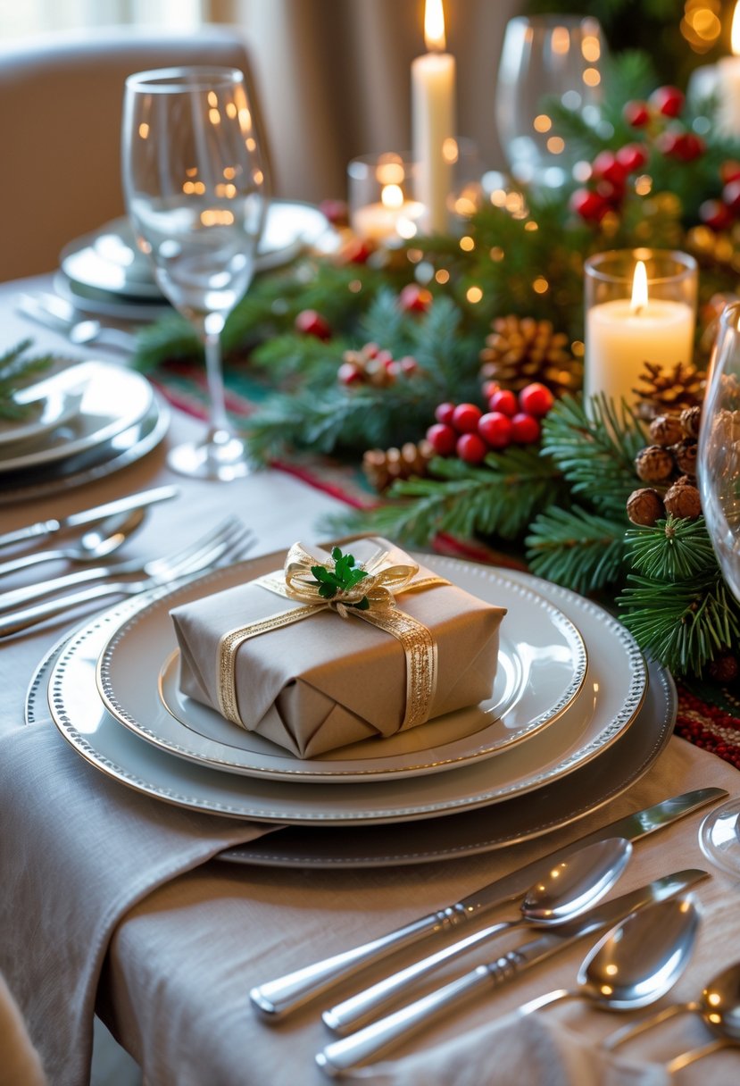 v2 161sgh vhen3 A holiday dining table with napkin-wrapped gifts at each place setting, decorated with festive greenery and candles.