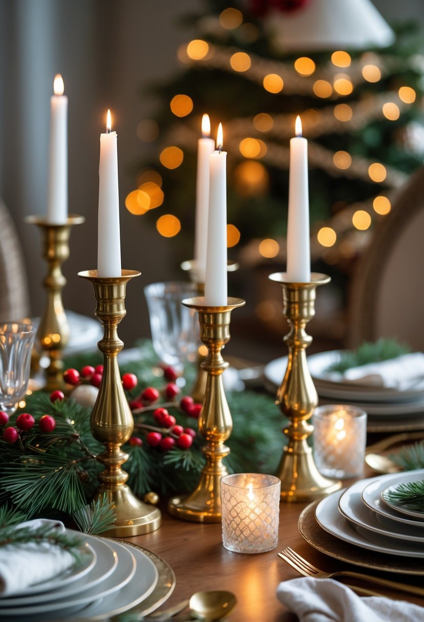 v2 161sh6 wvajv A holiday dining table with brass candlesticks holding white taper candles surrounded by festive decorations and tableware.