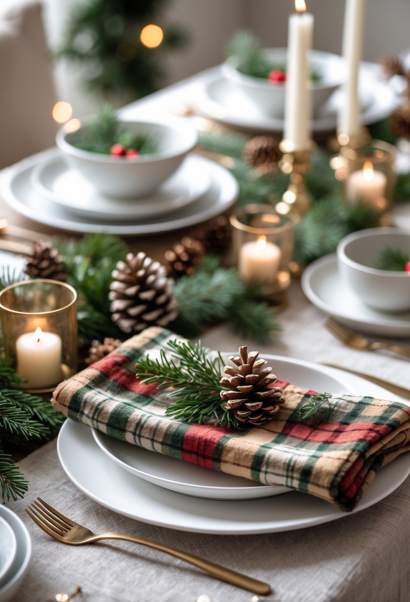 v2 161shx 5zv2n A holiday table set with white plates and plaid napkins, decorated with evergreen sprigs and candles.