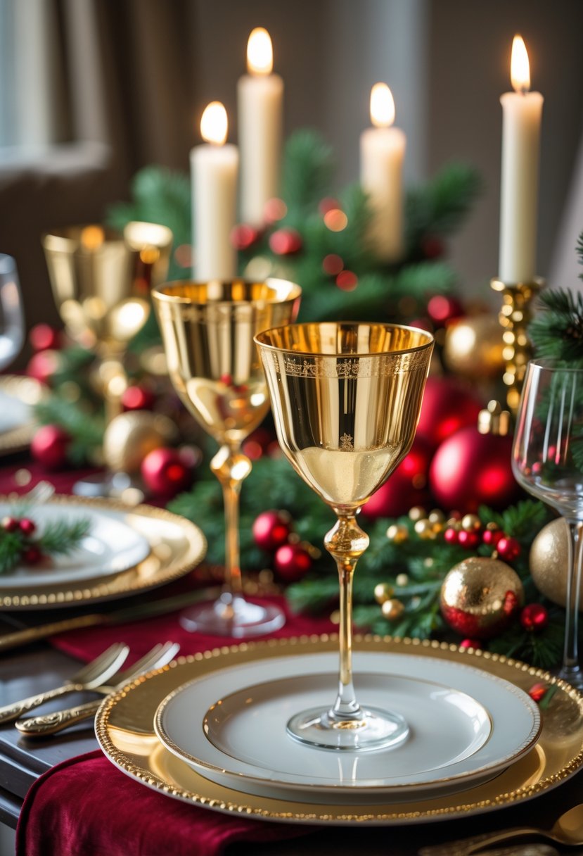 v2 161si9 682sa A holiday dining table set with gold stemmed glasses, festive decorations, candles, and greenery.
