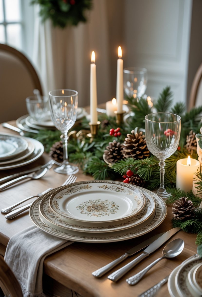 v2 161sik cp1ym A holiday dining table set with a mix of vintage and modern plates, silverware, glassware, and a festive centerpiece with candles and greenery.