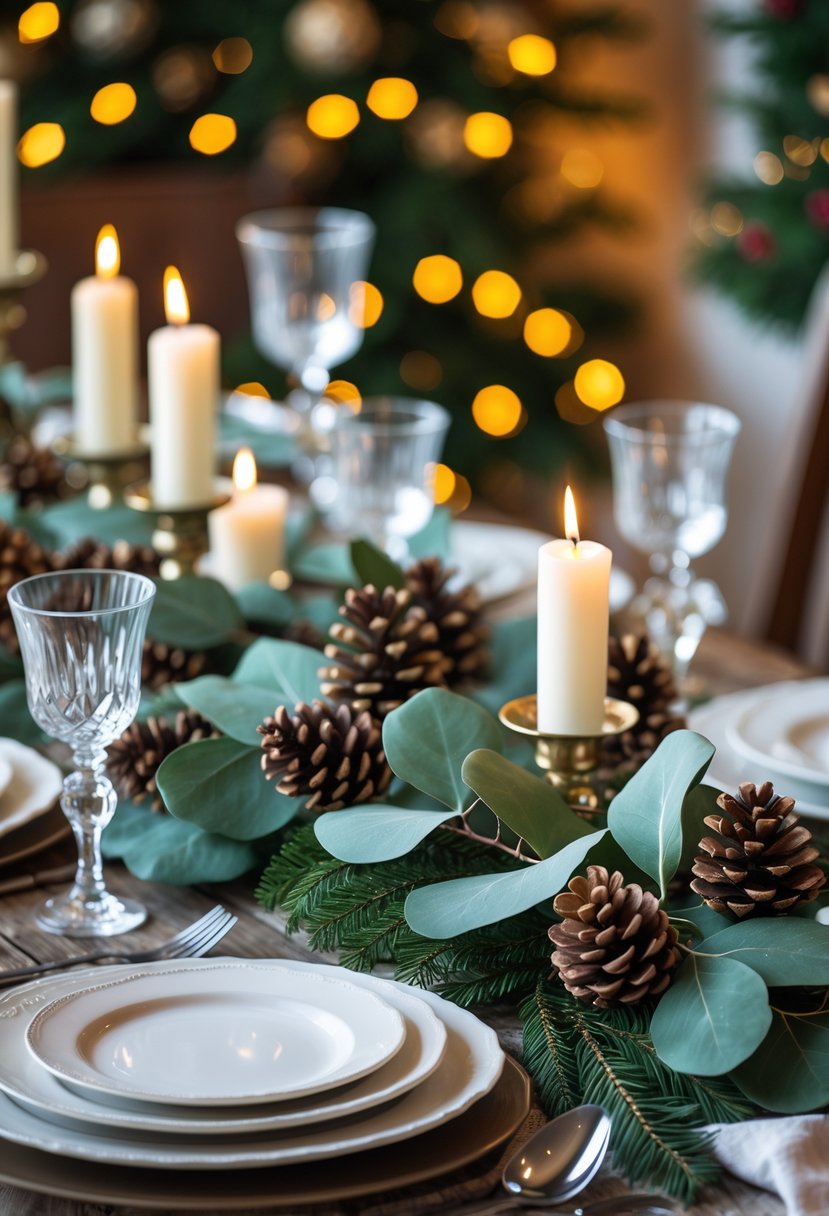 v2 161sj0 kl2h9 A holiday dining table with a eucalyptus and pine cone garland centerpiece surrounded by candles, plates, and glasses.