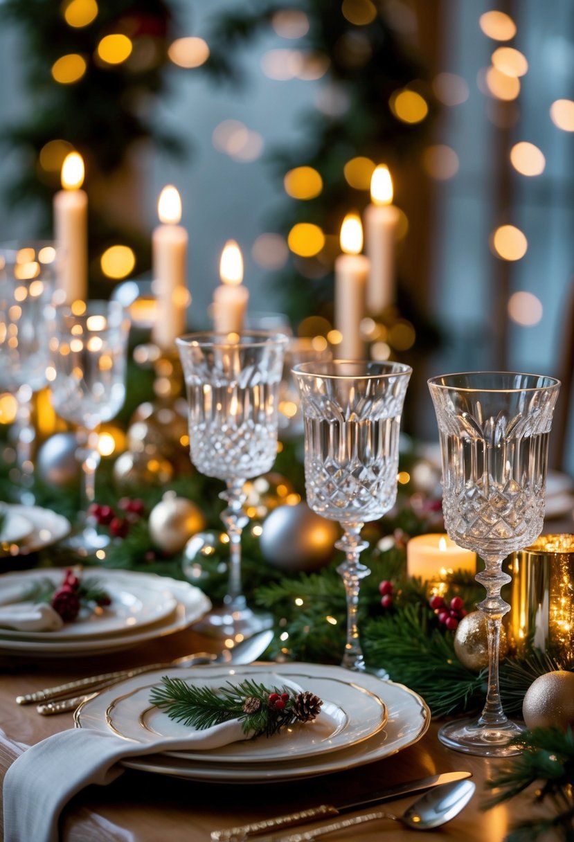 v2 161sjd 48n6h A holiday dining table set with sparkling crystal glasses, candles, greenery, and festive decorations.