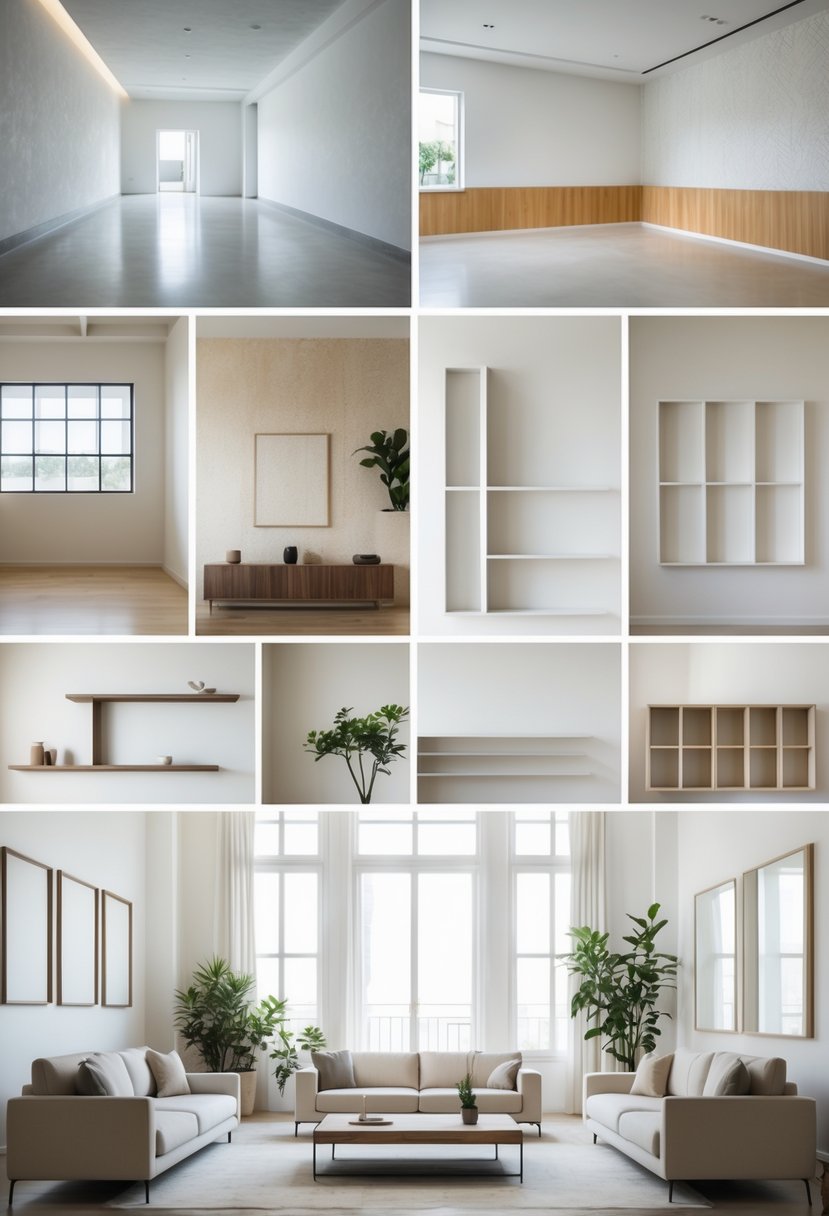 v2 163d4m A modern living room with various empty wall designs, including textured paint, wallpaper, shelves, and frames, with a sofa, coffee table, plants, and natural light.