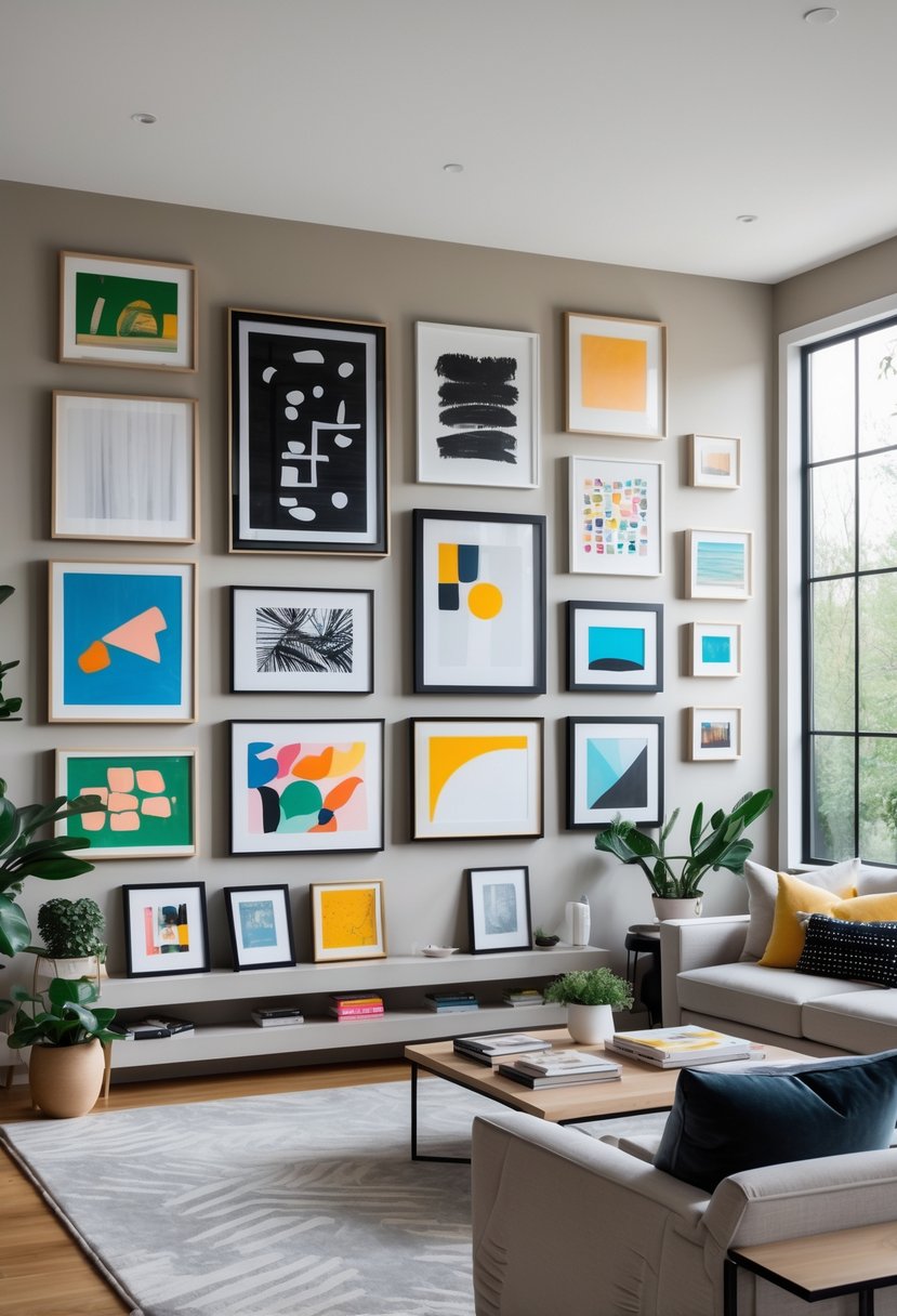 v2 163d57 5d7jf Living room with a large gallery wall displaying numerous framed art pieces and photographs above a sofa.