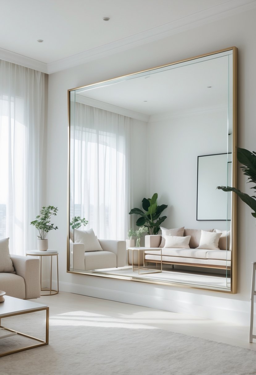 v2 163d5z f5iig Living room with a large wall mirror reflecting light, a sofa, coffee table, and a floor lamp.