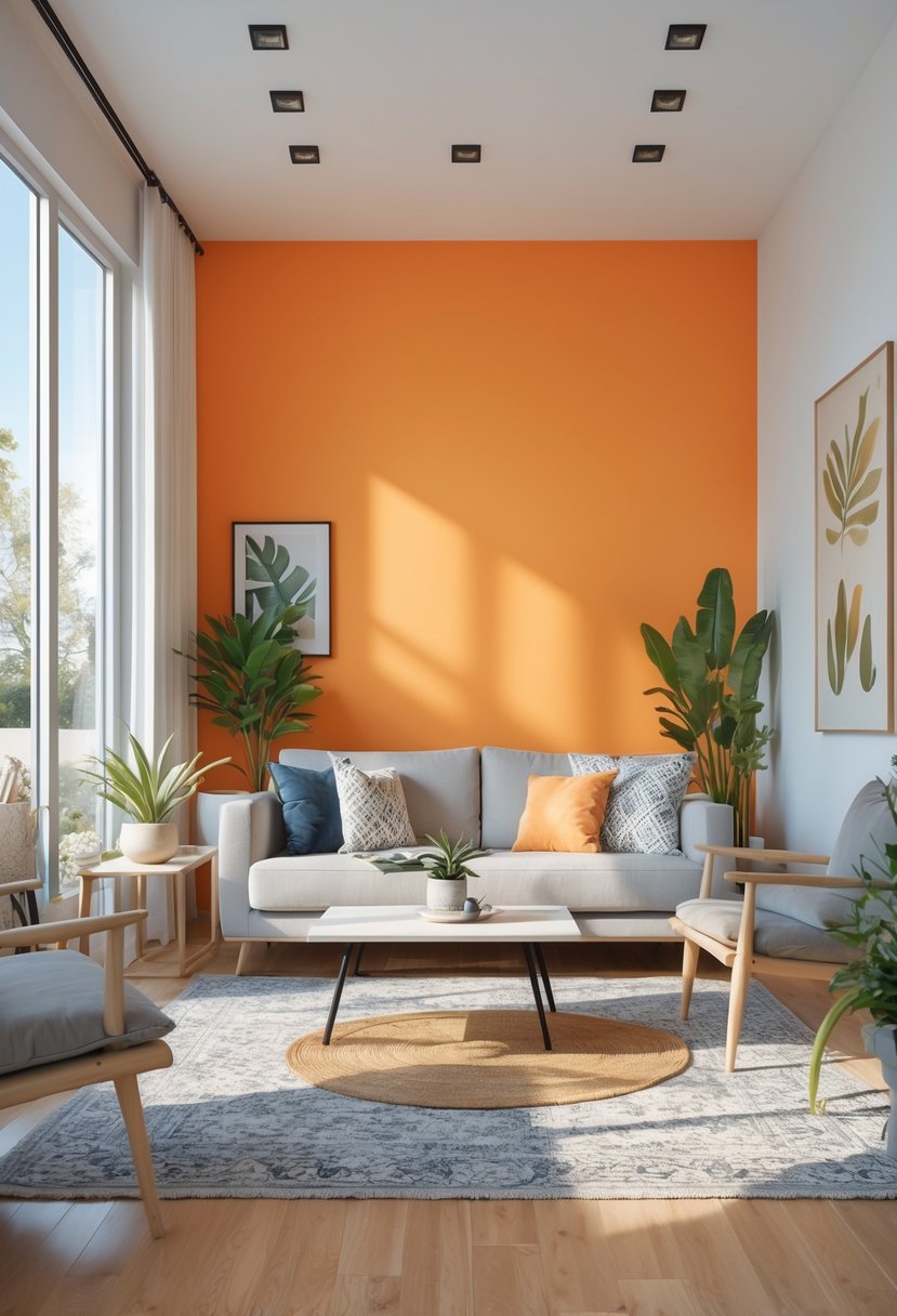 v2 163d6d fq20l A living room with a bold colored accent wall, sofa, coffee table, plants, and natural light coming through large windows.